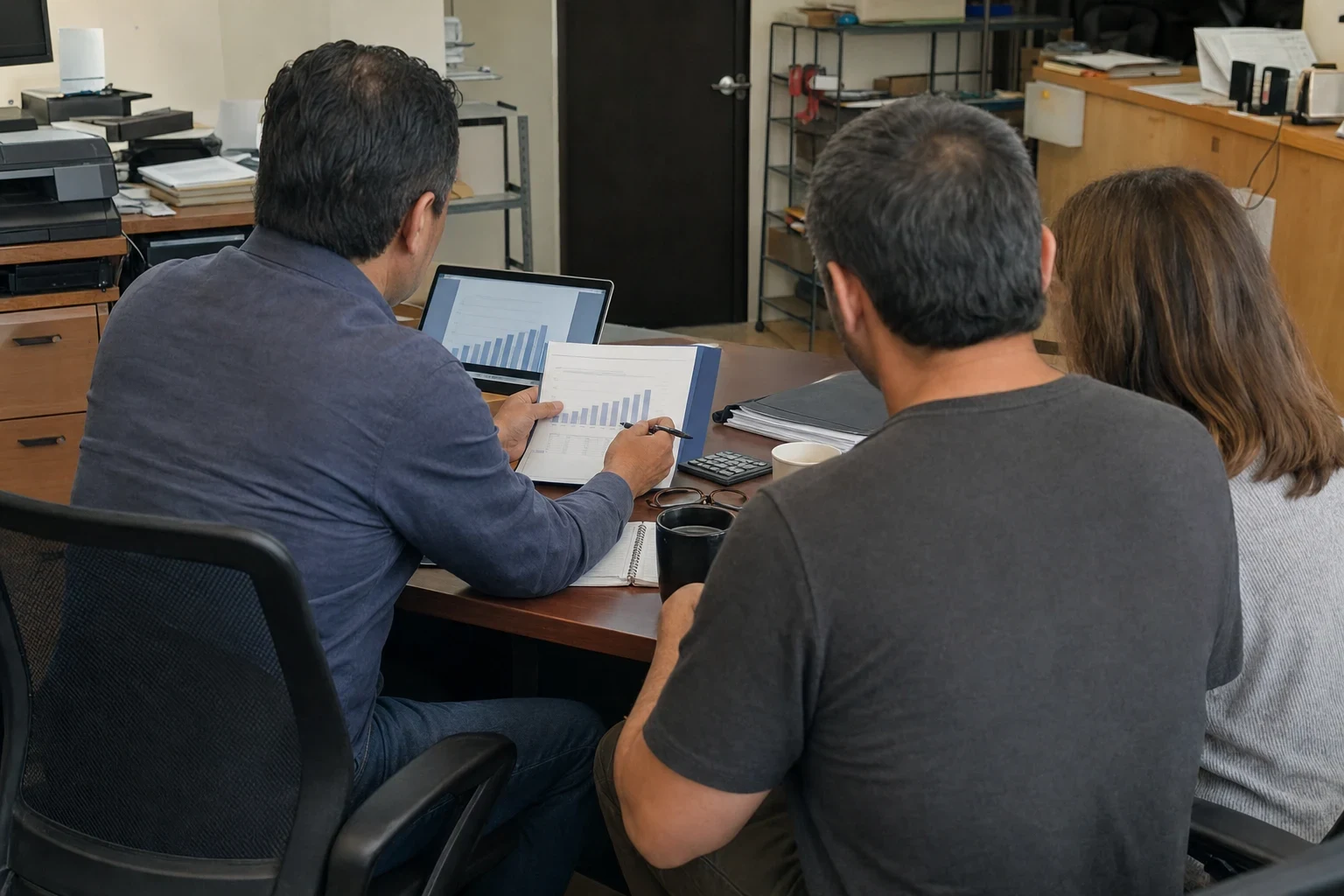 Agent in a blue shirt points a pen at a printed bar chart while a couple reads along at a desk in a small back office with shelves and a counter