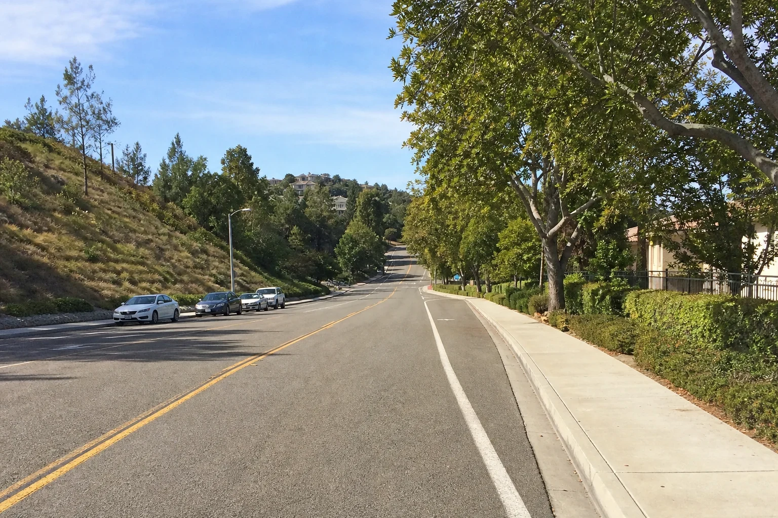 Quiet tree-lined suburban road with bike lane, sidewalk and hedges, parked cars along a grassy hillside, and homes on a distant hill under blue sky