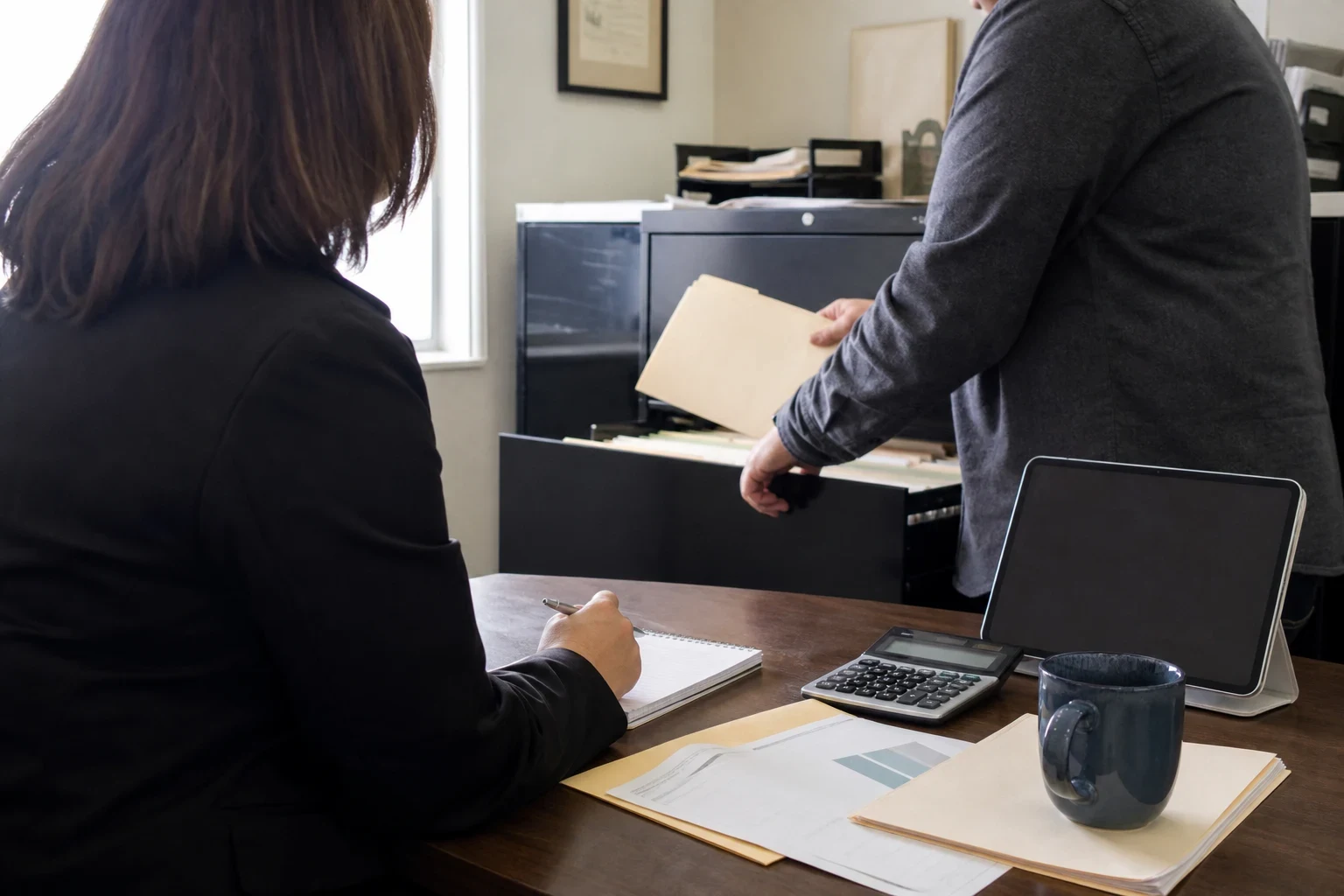 Agent seated at an office desk with a notepad and calculator while a business owner pulls a manila folder from an open filing cabinet drawer