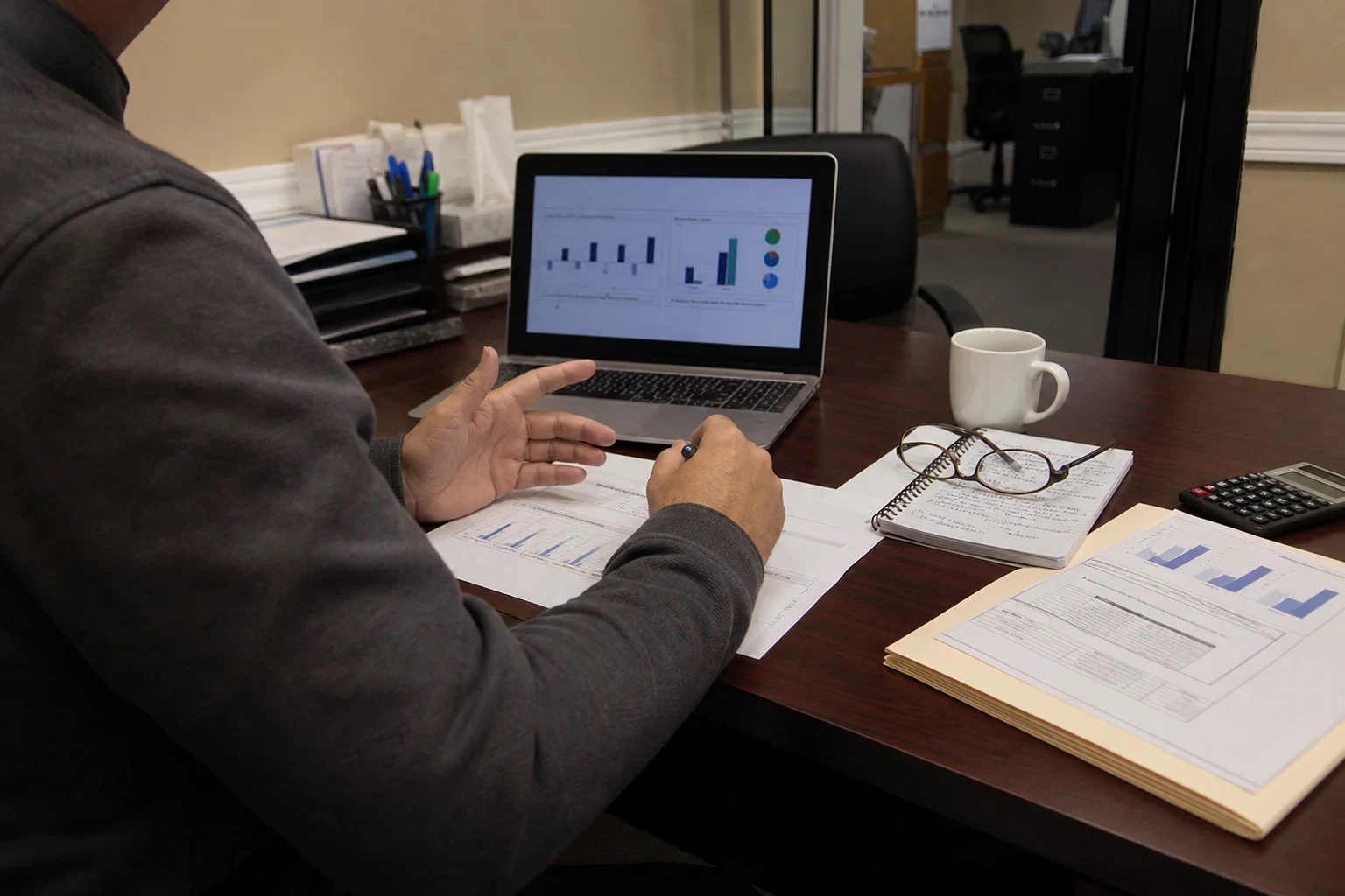 Person at an office desk reviewing bar charts on a laptop and printed reports, with a manila folder, calculator, notebook, glasses and coffee mug nearby